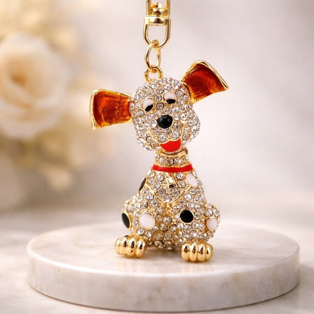 Luxury Rhinestone Dog Keychain & Bag Charm Gold Crystal Puppy 🐶